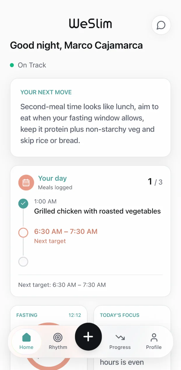The WeSlim home screen: today's next move, and the meals logged so far