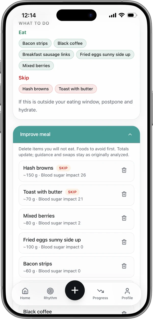 Meal breakdown screen: removing items to see the impact recalculate