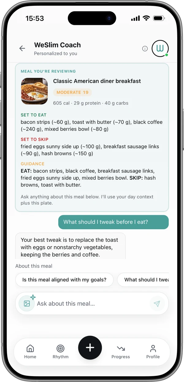 WeSlim Coach chat answering a question about a logged meal